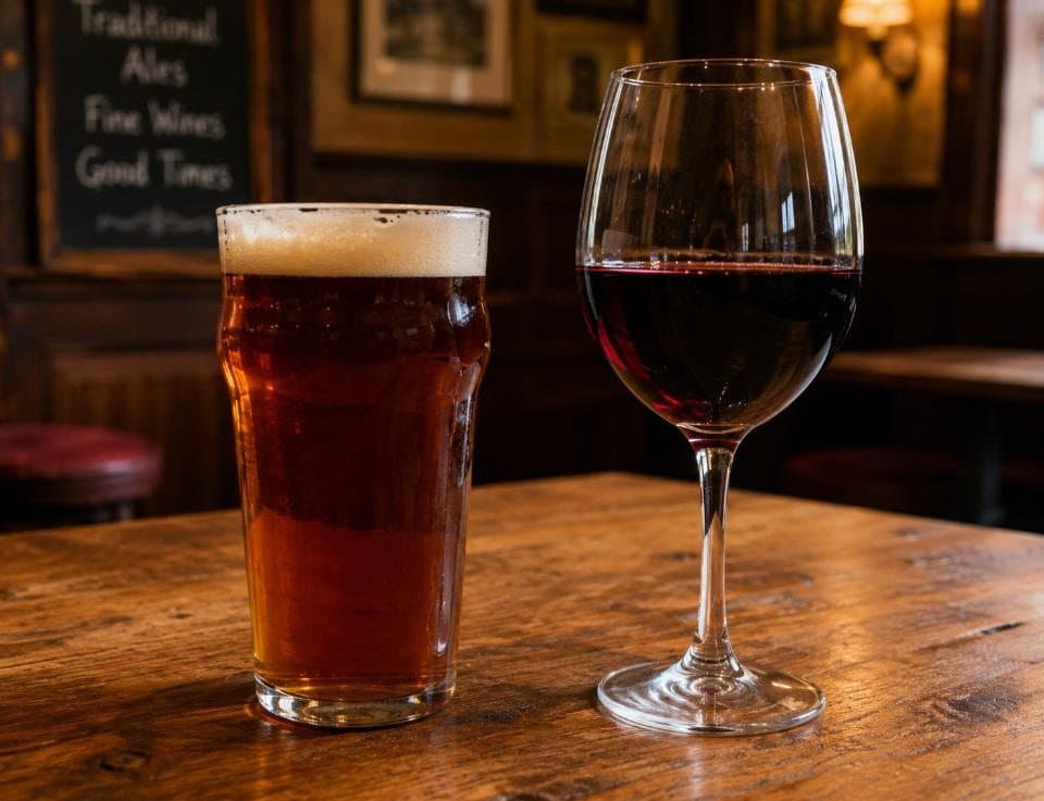 A pint of ale and a glass of red wine on a pub table