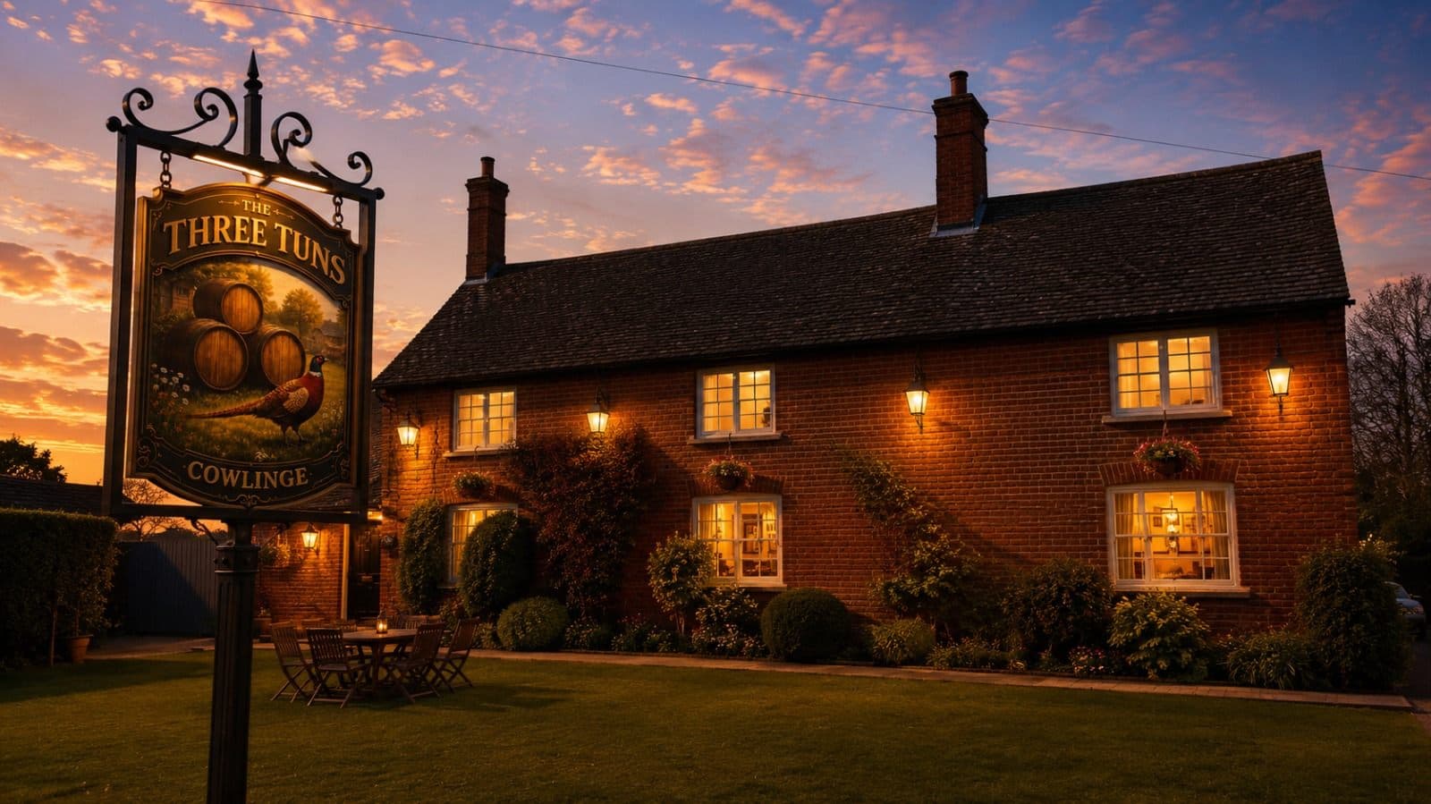 The Three Tuns at dusk, its sign lit against a sunset sky